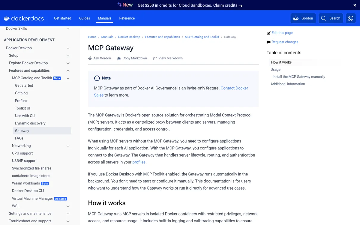 Docker documentation page for the MCP Gateway