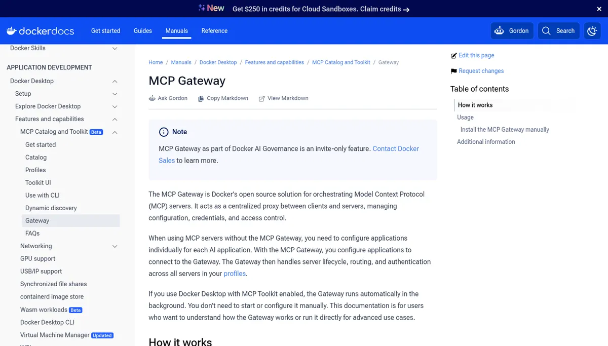Docker documentation page for the MCP Gateway and Toolkit