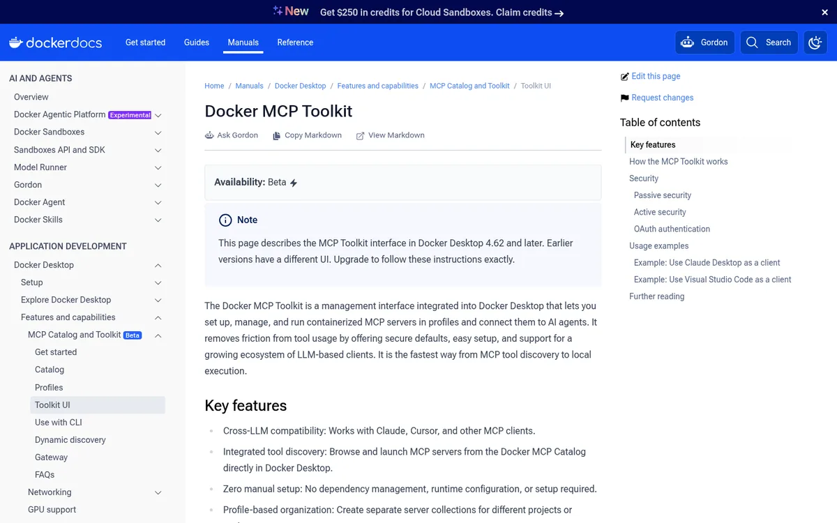 Docker MCP Toolkit documentation page in Docker Desktop guidance