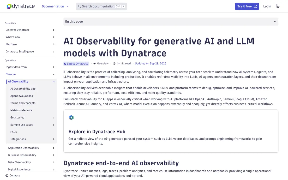 Dynatrace documentation overview for AI Observability and GenAI monitoring