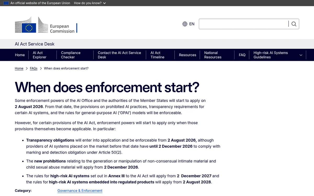 EU AI Act Service Desk page listing enforcement dates after the 2026 amendment