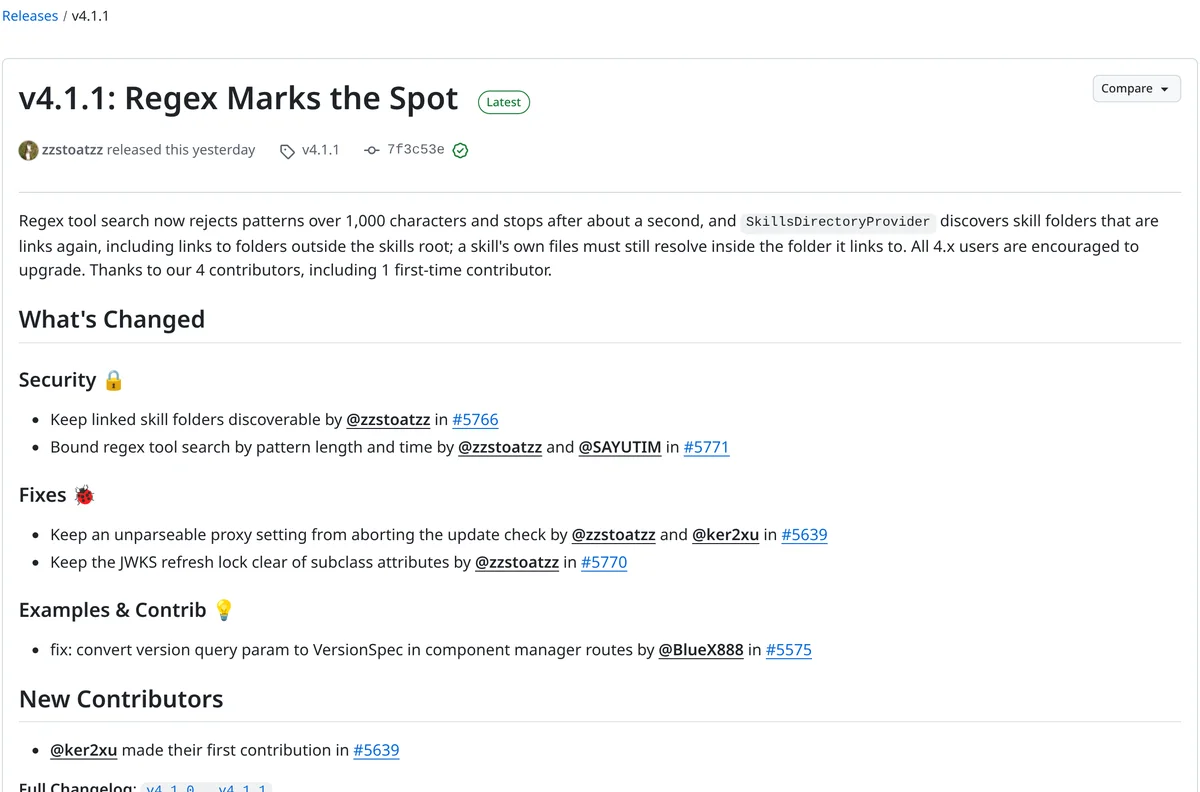 Screenshot of the FastMCP v4.1.1 Regex Marks the Spot release page on GitHub listing security fixes for regex tool search and linked skill folders