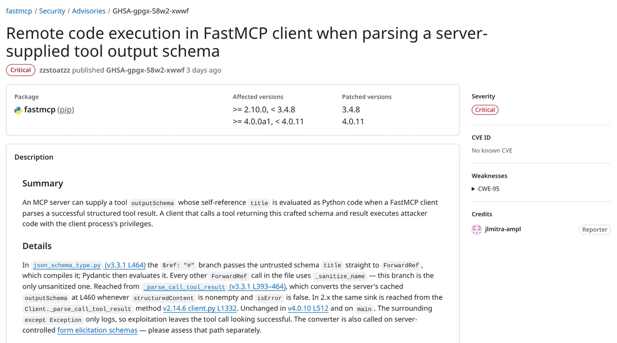 Screenshot of GitHub advisory GHSA-gpgx-58w2-xwwf, Remote code execution in FastMCP client when parsing a server-supplied tool output schema, marked Critical with affected and patched versions