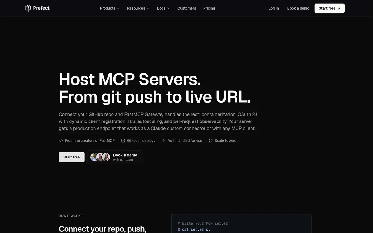 Prefect FastMCP Gateway page for hosting MCP servers from git push to a live URL