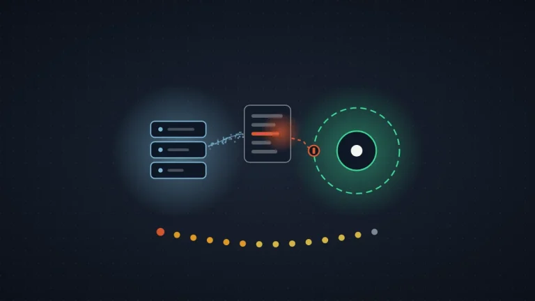 Abstract illustration of a server rack sending a schema document with one red line toward a client node inside a dashed green patch ring, with a row of fourteen colored dots below, on a dark field