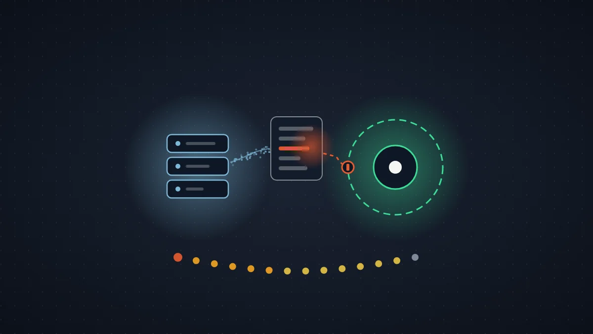 Abstract illustration of a server rack sending a schema document with one red line toward a client node inside a dashed green patch ring, with a row of fourteen colored dots below, on a dark field