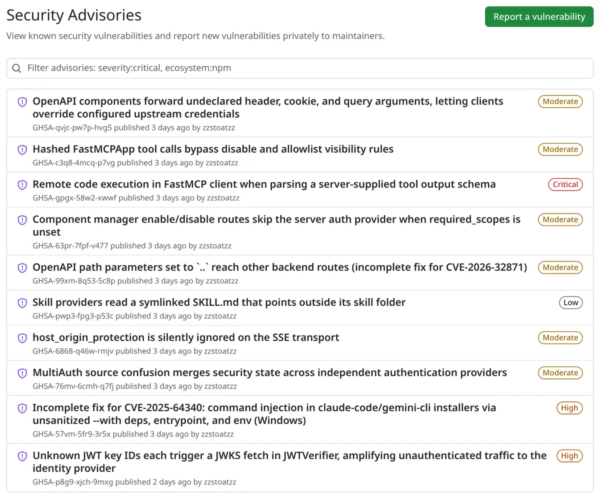 Screenshot of the PrefectHQ fastmcp Security Advisories page on GitHub listing advisories with Critical, High, Moderate and Low severity labels