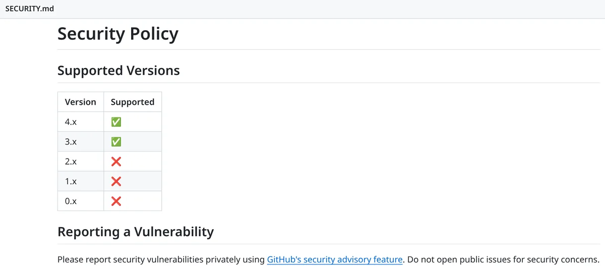 Screenshot of the FastMCP SECURITY.md Security Policy on GitHub showing a Supported Versions table where 4.x and 3.x are supported and 2.x, 1.x and 0.x are not