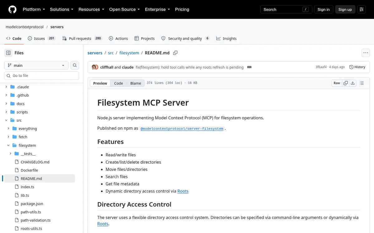 MCP Filesystem reference server README on GitHub describing allowed directory controls