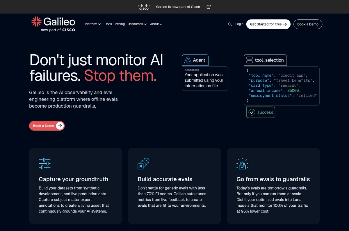 Galileo homepage reading don't just monitor AI failures, stop them, with eval and guardrail feature cards