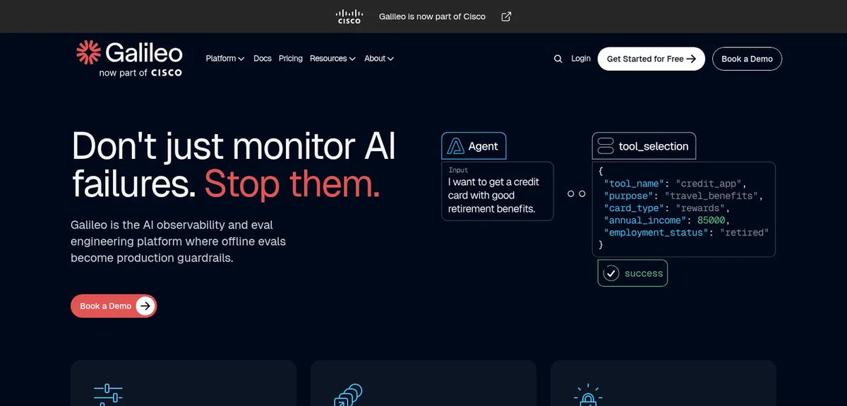 Galileo homepage with a Galileo is now part of Cisco banner and a tool selection example in the hero