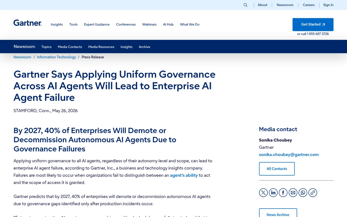 Gartner press release on AI agent autonomy levels and governance failures, May 26, 2026