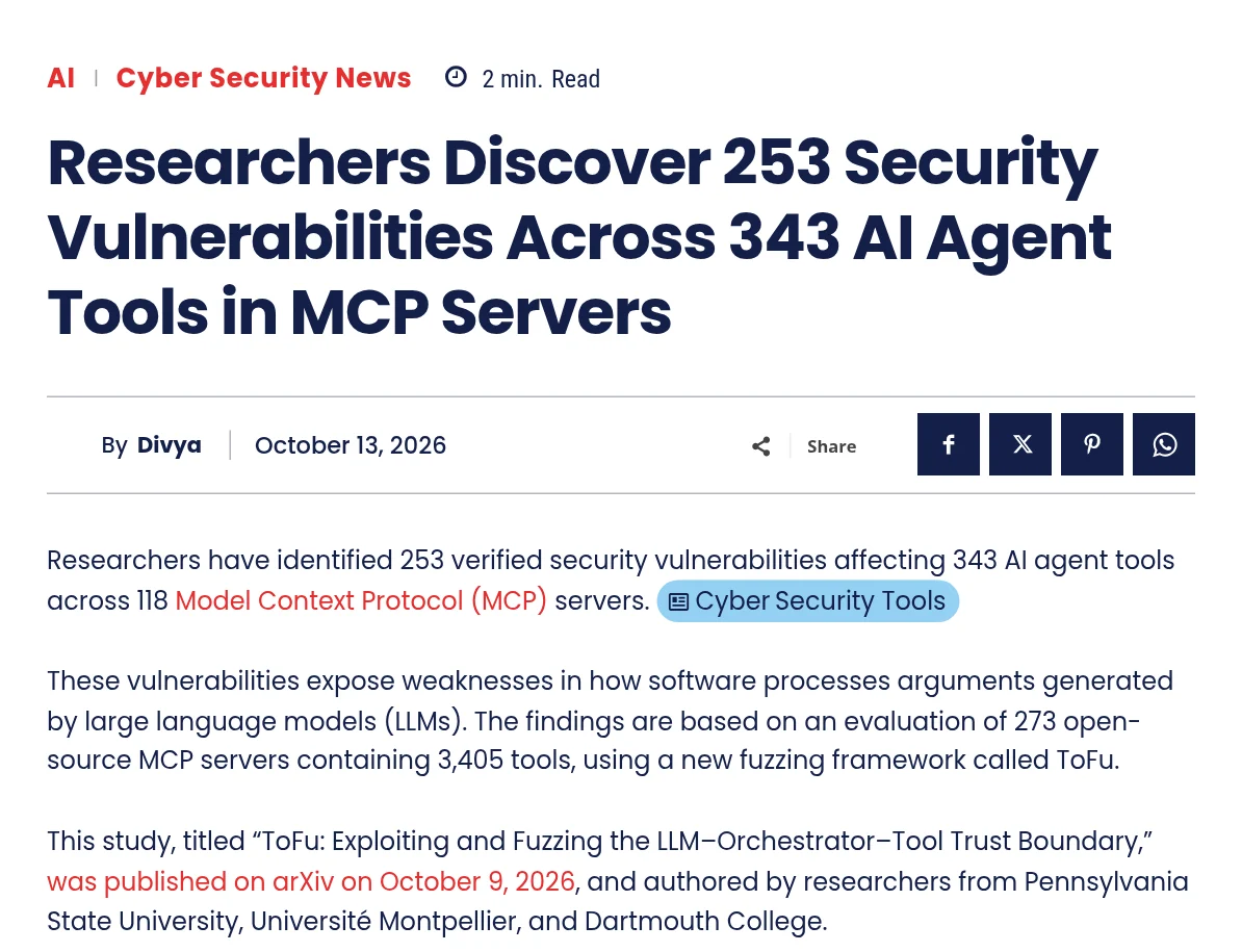 Screenshot of the GBHackers article headlined Researchers Discover 253 Security Vulnerabilities Across 343 AI Agent Tools in MCP Servers, dated October 13, 2026, with its opening paragraphs on the ToFu study