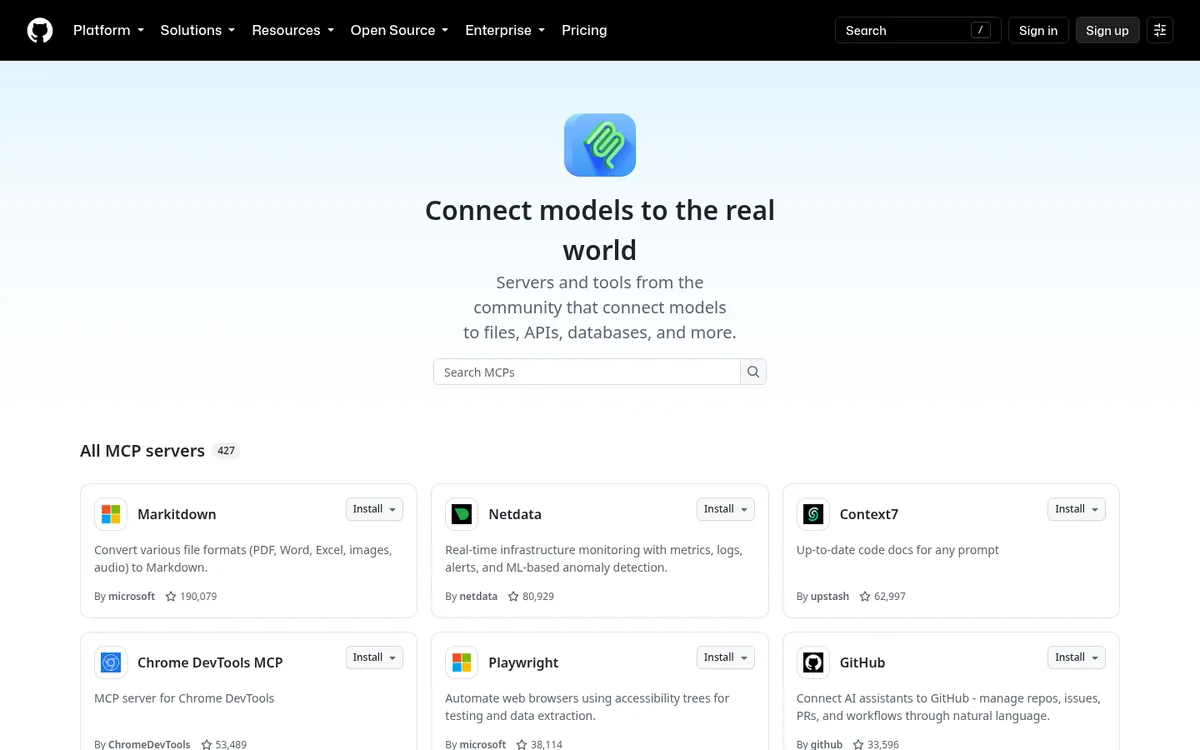 GitHub MCP Registry page listing community and vendor MCP servers