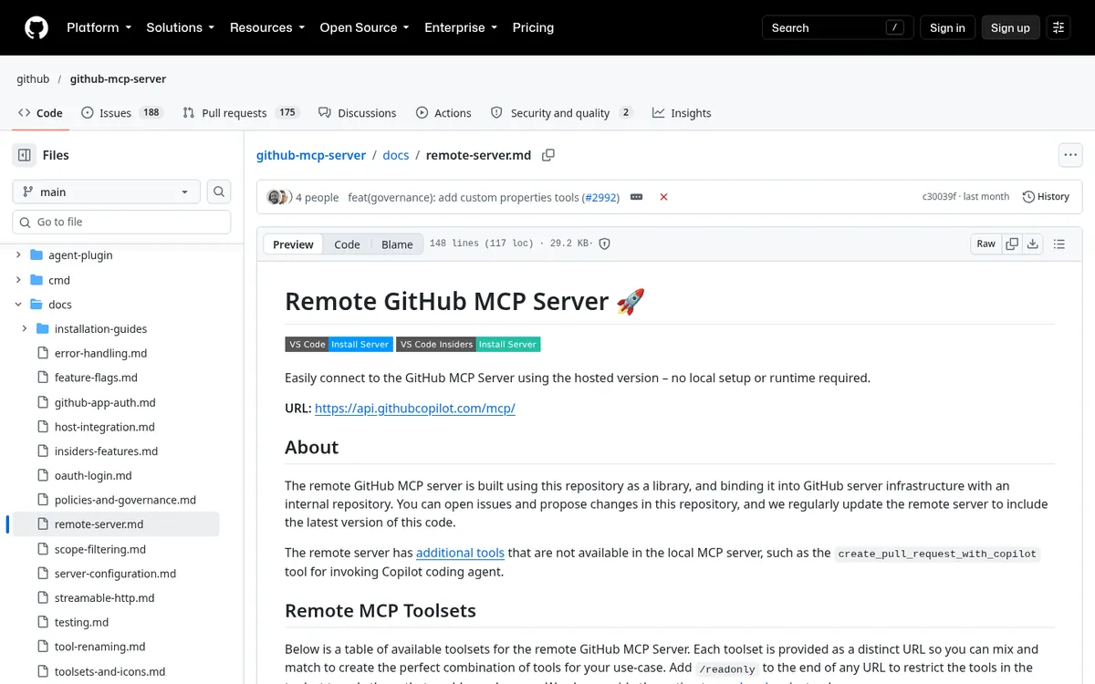 GitHub MCP Server remote server docs listing toolsets and read-only URLs