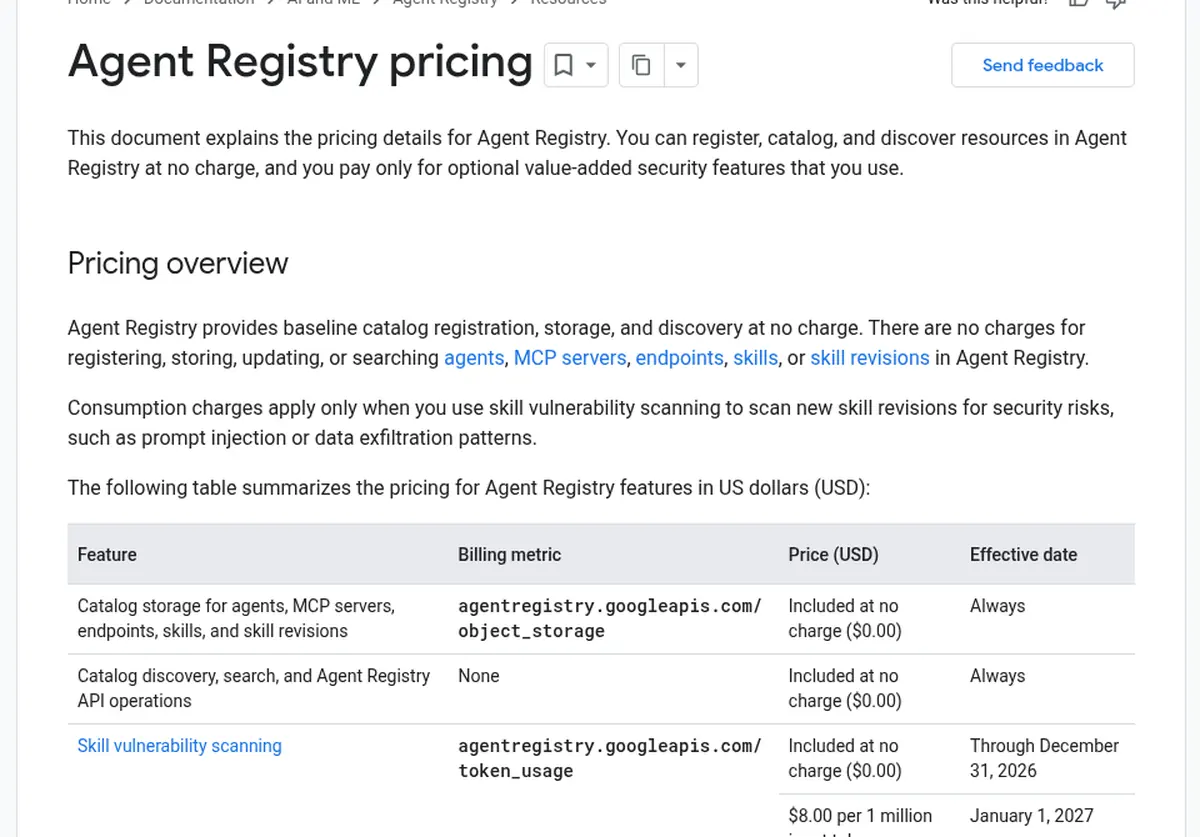 Google Cloud Agent Registry pricing table showing no charge for catalog storage and search