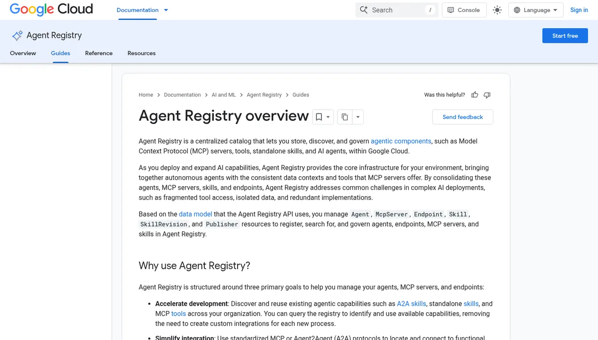 Google Cloud Agent Registry overview page describing a catalog for MCP servers, tools, skills, and agents