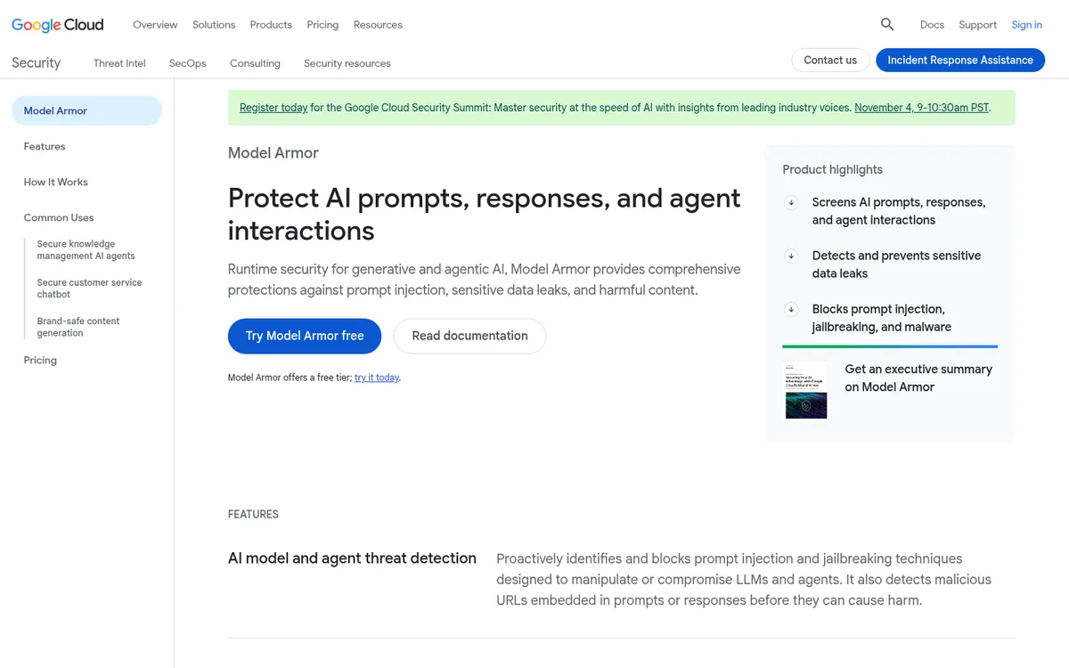 Google Cloud Model Armor product page for prompts, responses, and agent interactions