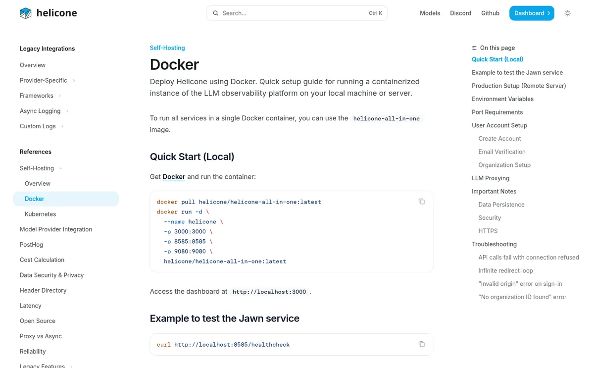 Helicone Docker self-host docs showing all-in-one container quick start and ports