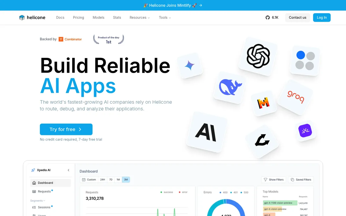 Helicone homepage with Build Reliable AI Apps headline and dashboard preview