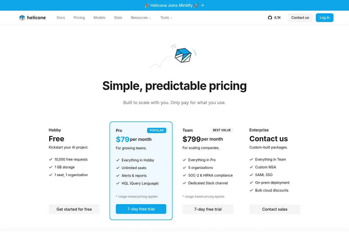 Helicone pricing page showing Hobby free, Pro at $79, Team at $799, and Enterprise