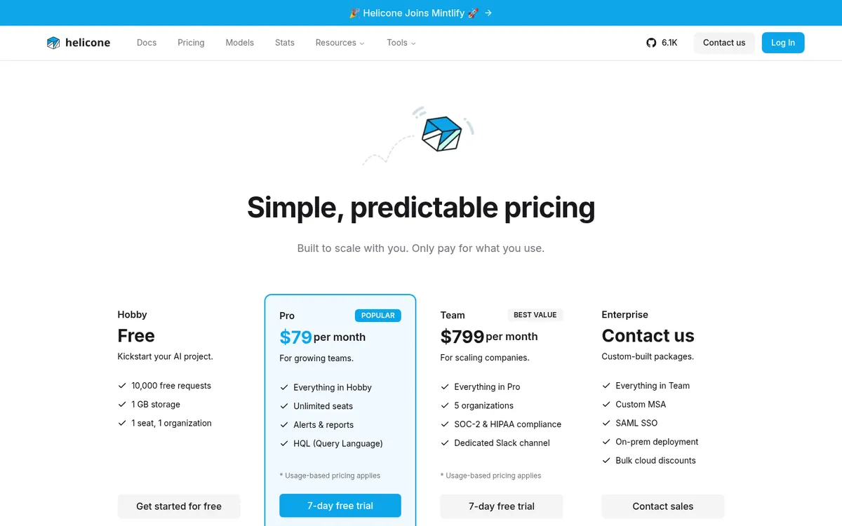 Helicone pricing page showing Hobby, Pro, Team, and Enterprise plans for LLM observability