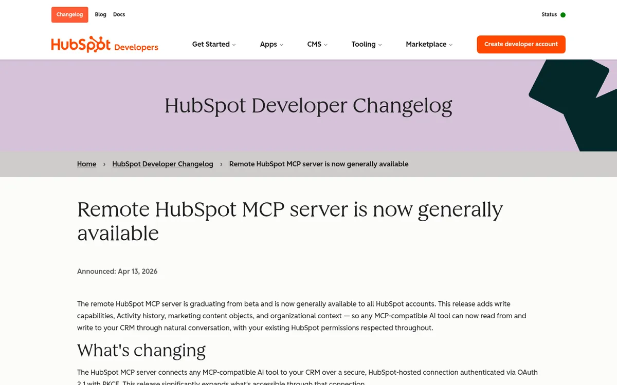 HubSpot developer changelog announcing the remote HubSpot MCP server is generally available