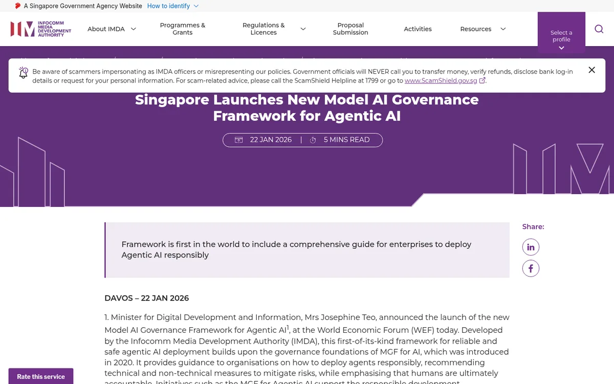 IMDA press release launching Singapore's Model AI Governance Framework for Agentic AI
