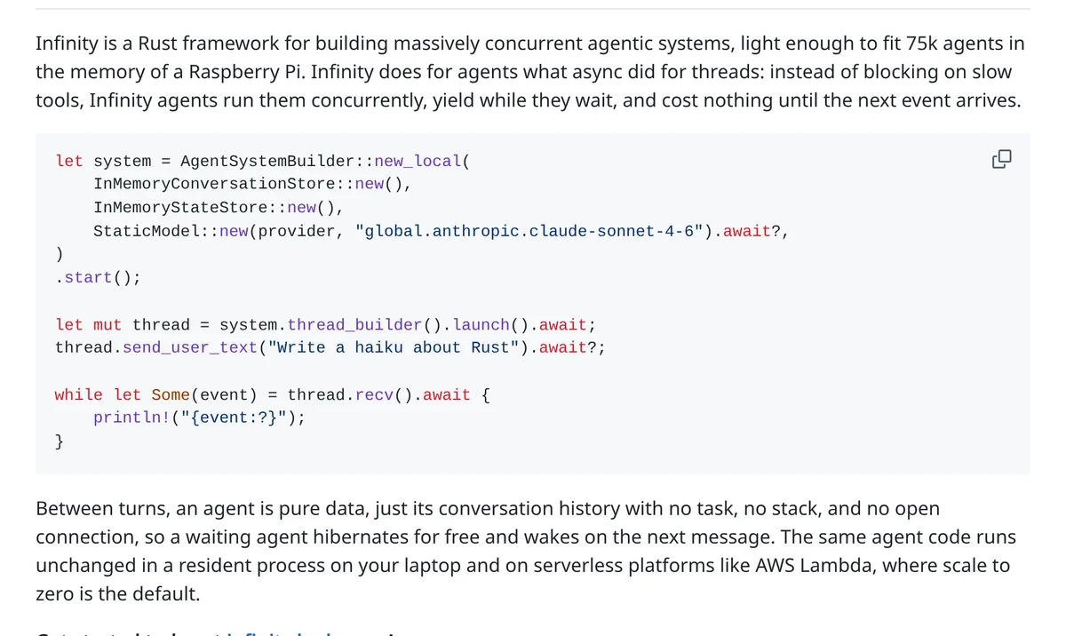 Screenshot of the hydro-project/infinity GitHub README describing Infinity as a Rust framework for massively concurrent agentic systems, with a code sample that builds a local agent system and a note that a waiting agent is only its conversation history