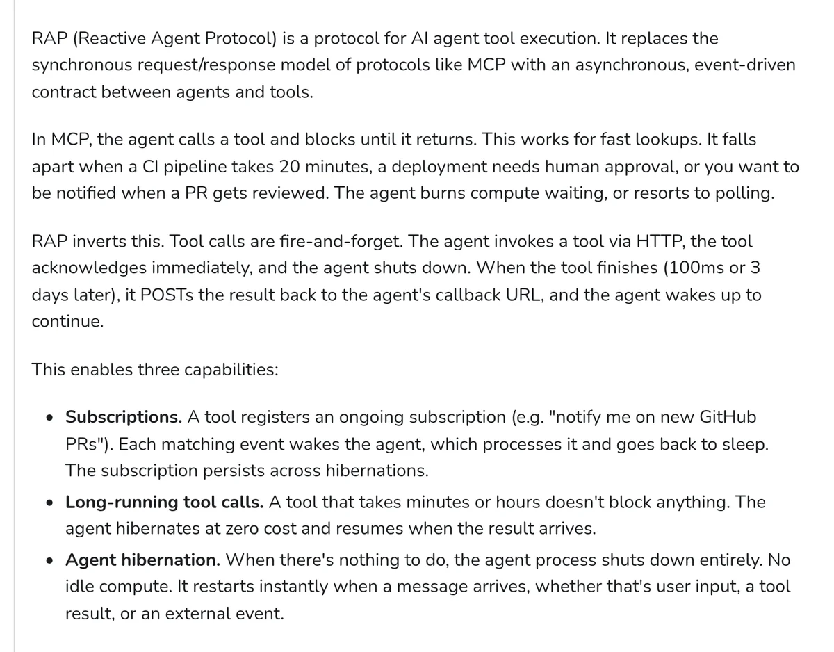 Screenshot of the Infinity documentation page What is RAP, explaining that the Reactive Agent Protocol replaces MCP's synchronous request and response model with fire-and-forget tool calls, and listing subscriptions, long-running tool calls, and agent hibernation