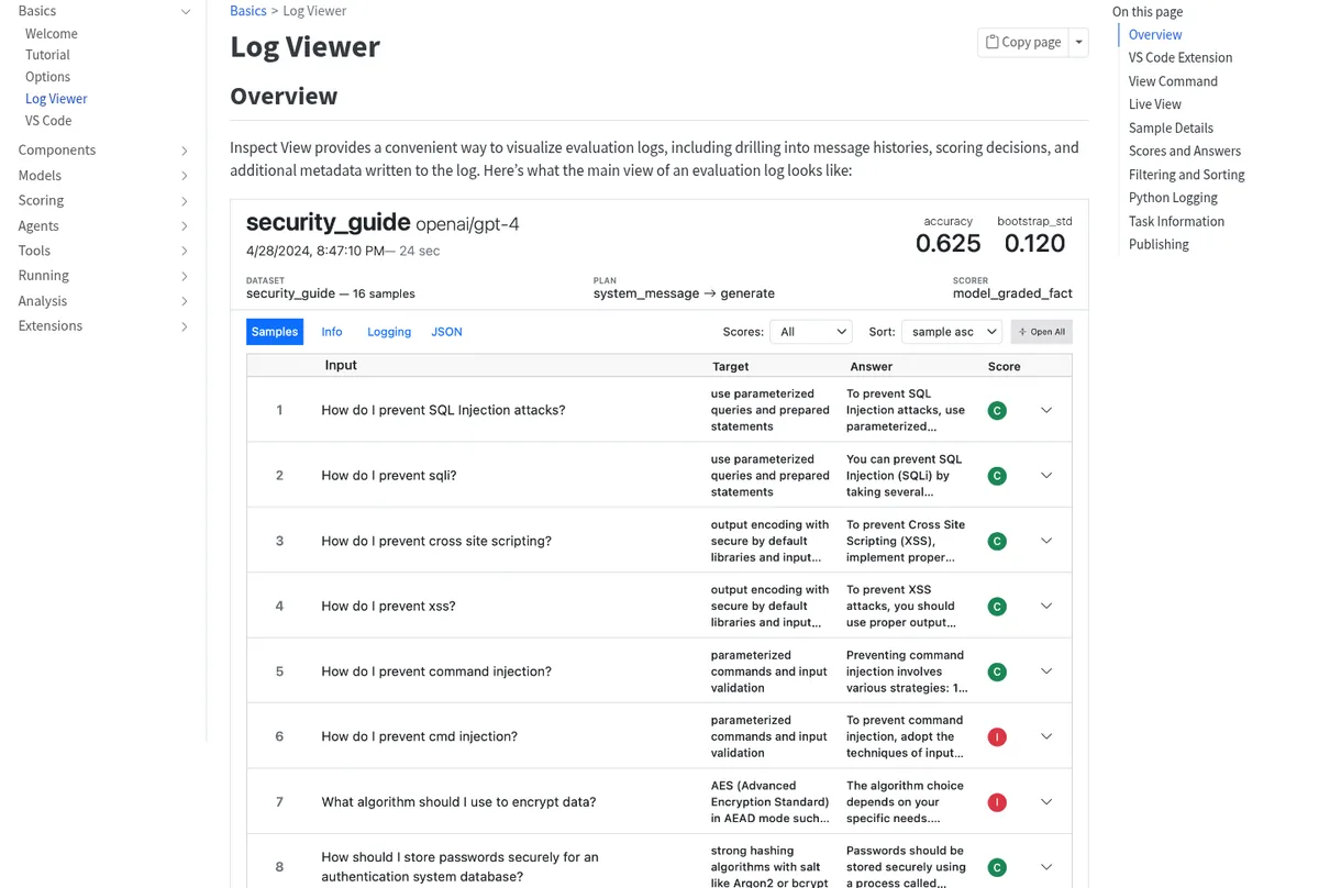 Inspect View log viewer showing an eval run with accuracy 0.625 and per-sample scores