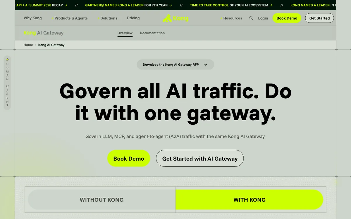 Kong AI Gateway product page for governing LLM, MCP, and agent traffic