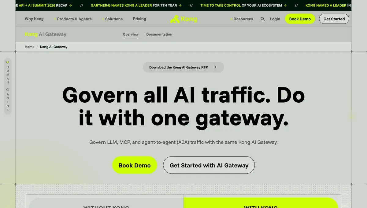 Kong AI Gateway product page covering LLM and MCP traffic controls