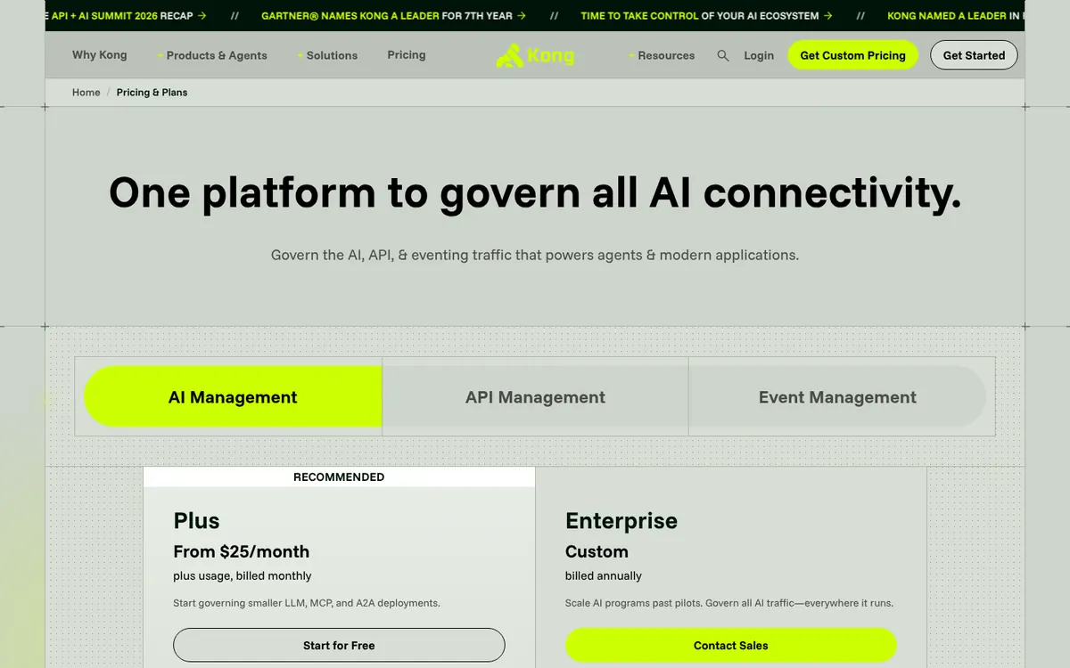 Kong Konnect pricing page showing AI Gateway control plane and request meters