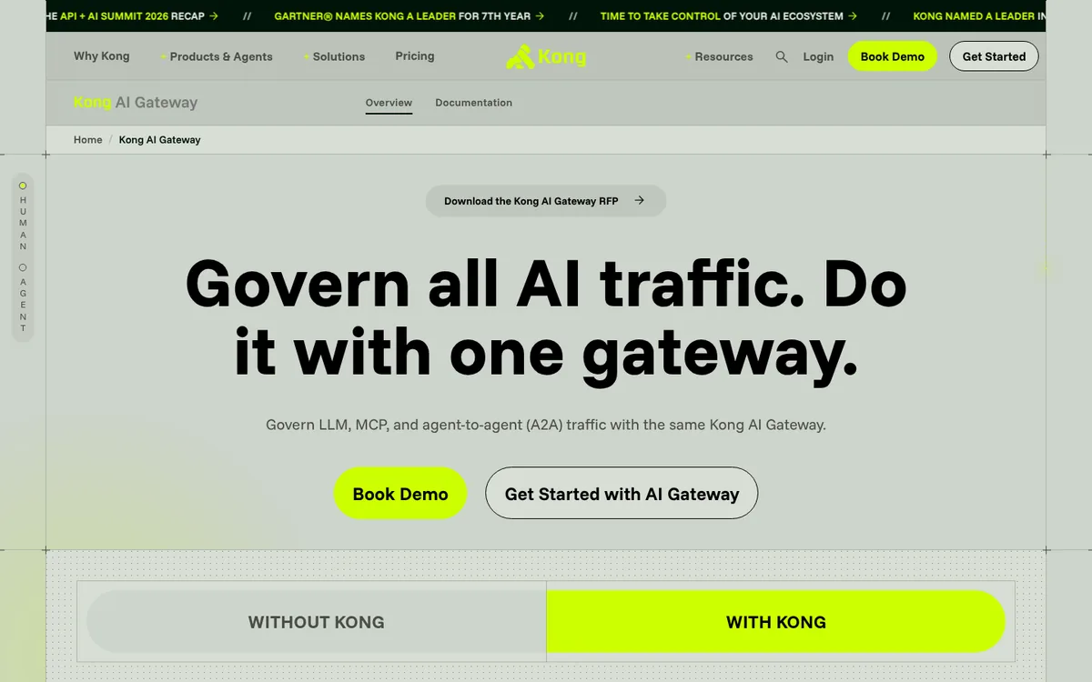 Kong AI Gateway product page describing LLM and MCP traffic controls