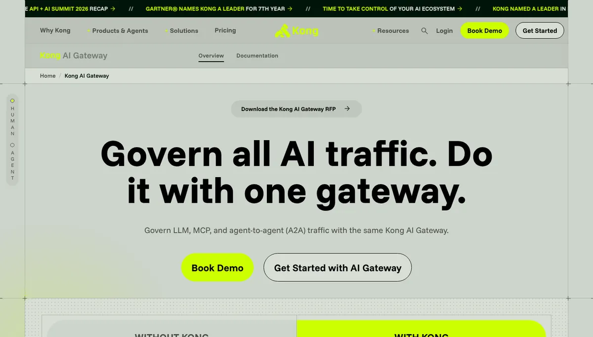 Kong AI Gateway product page describing AI connectivity and governance