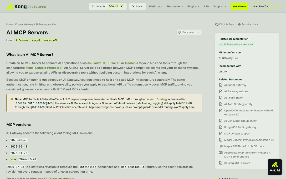 Kong developer docs page for AI MCP Server entities and modes