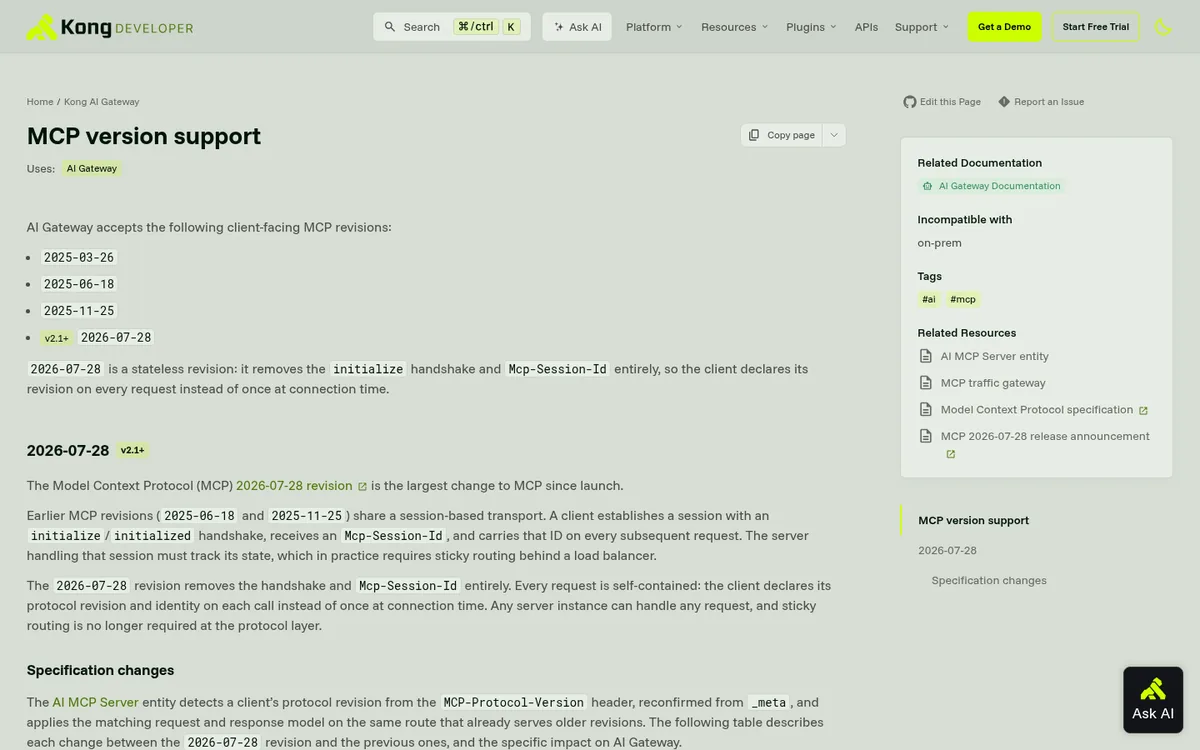 Kong documentation page listing supported MCP protocol revisions