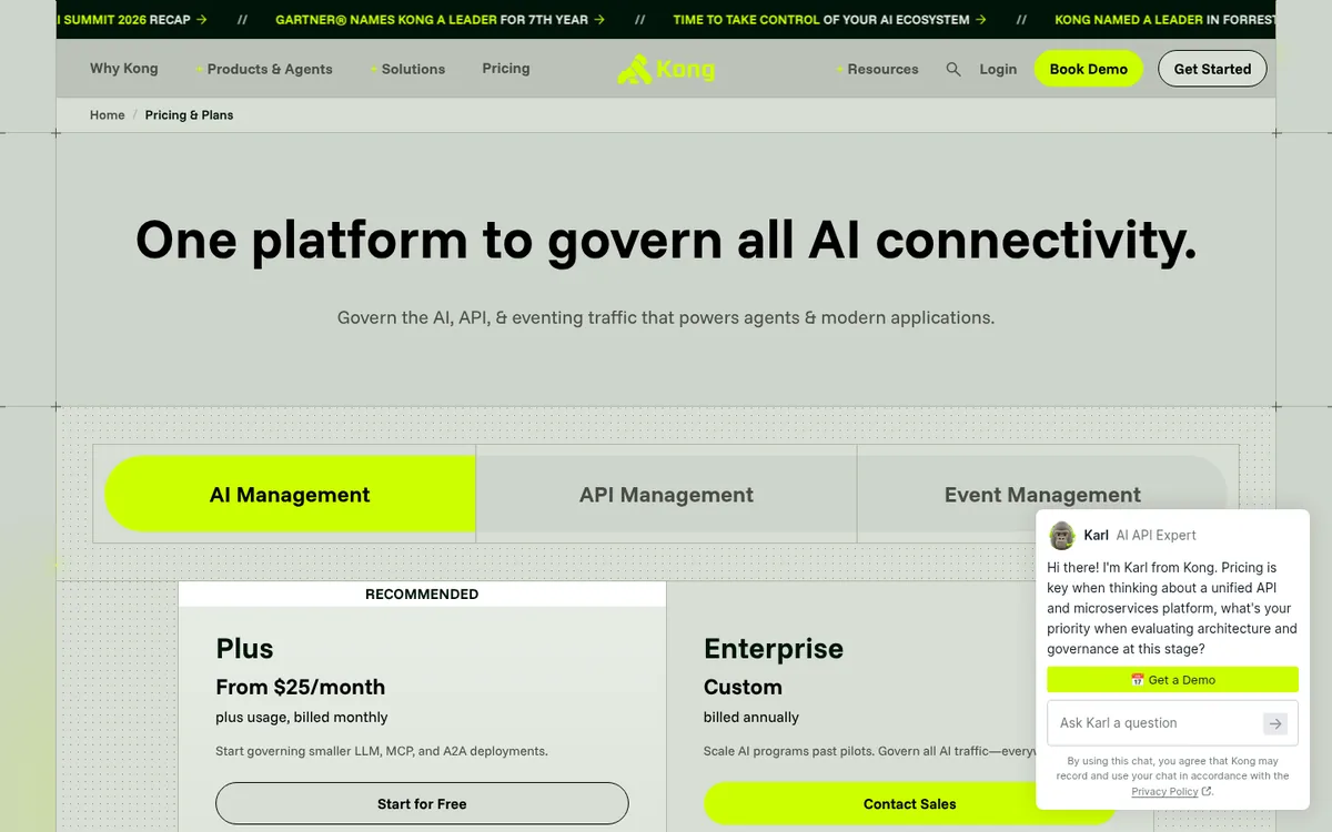 Kong Konnect pricing page showing AI Gateway model proxy metering