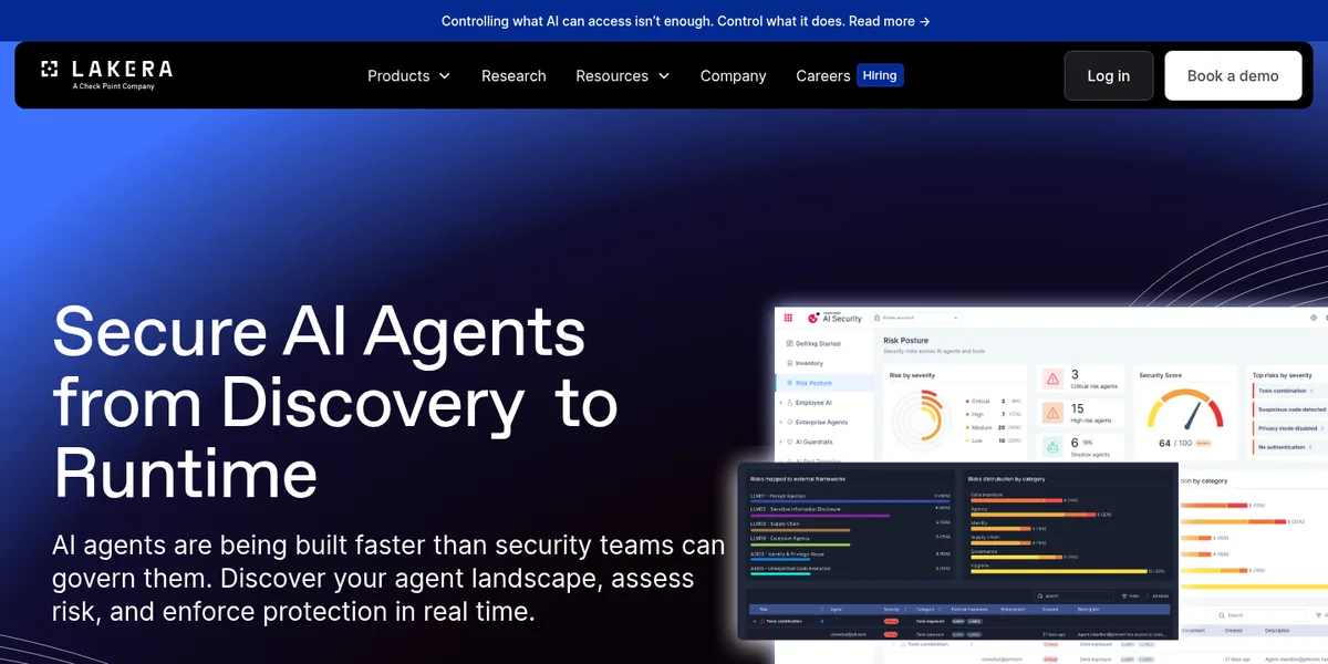 Lakera, a Check Point company, homepage reading secure AI agents from discovery to runtime with a security dashboard