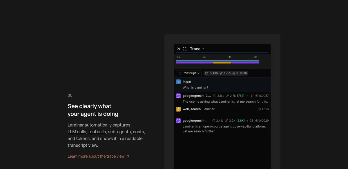 Laminar homepage showing an agent trace in a readable transcript view