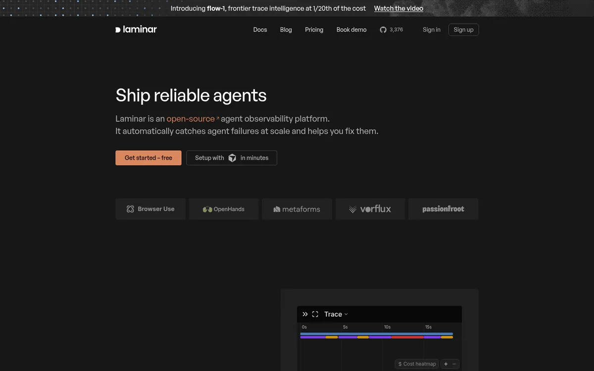Laminar homepage with Ship reliable agents headline and open-source callout