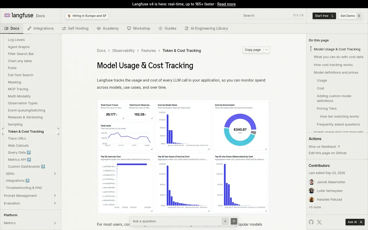 Langfuse token and cost tracking docs showing cost by model, user, and use case dashboards