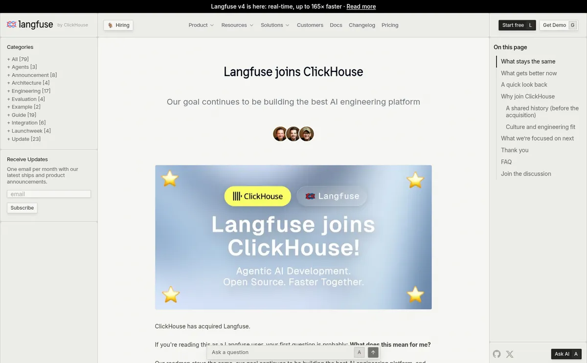 Langfuse blog post announcing that Langfuse joins ClickHouse with open source and self-host commitments