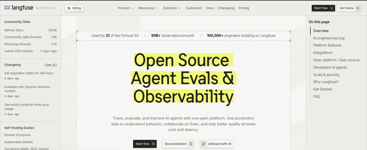 Langfuse homepage presenting open-source agent evals and observability