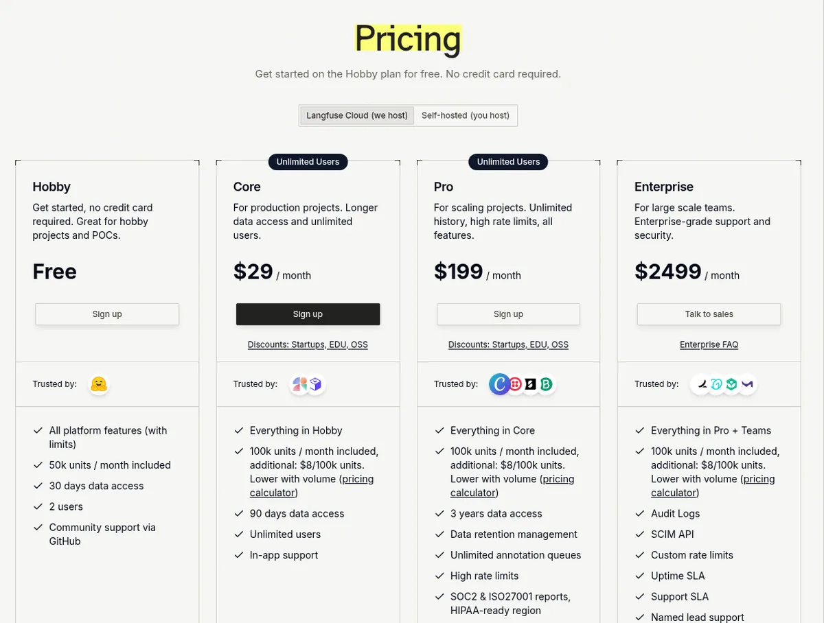 Langfuse pricing page listing Hobby, Core, Pro, and Enterprise cloud plans