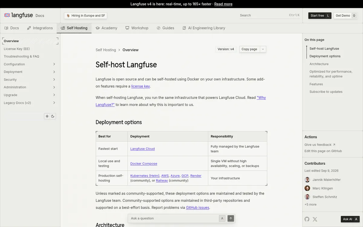 Langfuse self-hosting docs architecture with Web, Worker, Postgres, ClickHouse, Redis, and S3