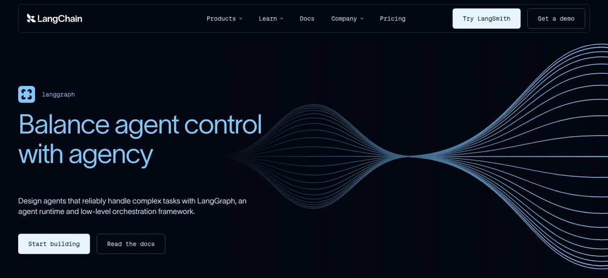 LangGraph product page reading Balance agent control with agency, describing an agent runtime and orchestration framework