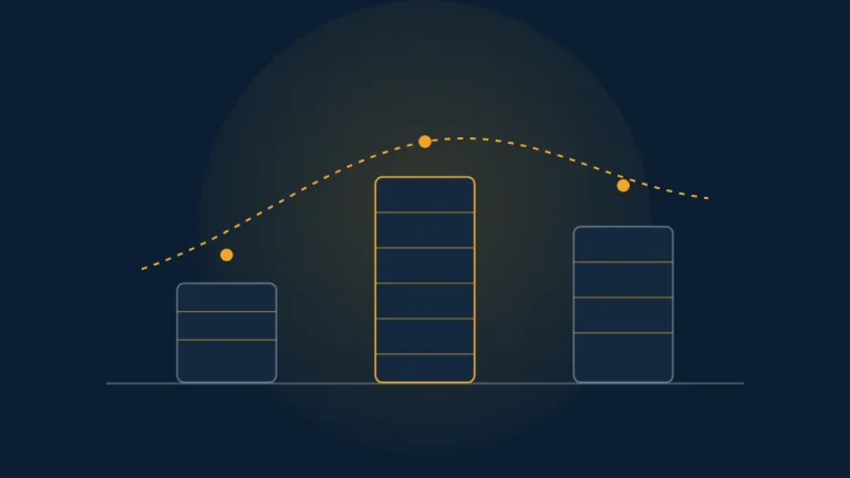 Navy diagram of three stacked cost columns of different heights joined by a dashed amber price curve