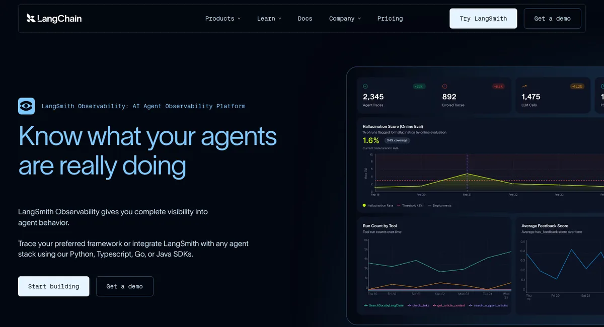 LangSmith observability page with agent traces, hallucination eval, and tool run charts
